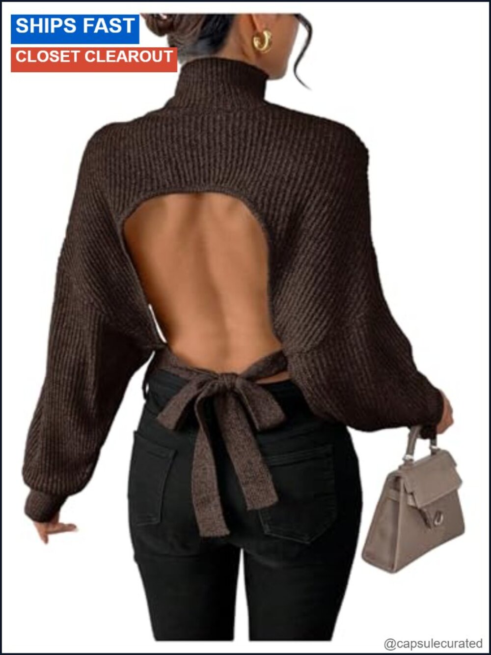 Open Back Sweater Cropped Backless Long Sleeve Pullover